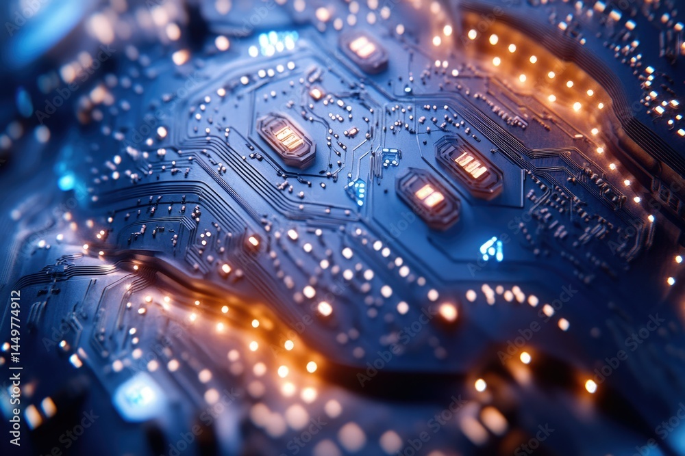 Fototapete Close-up view of a complex circuit board with glowing components, showcasing intricate technological details.