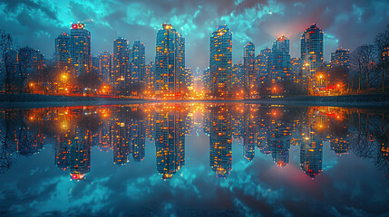 Fototapeta premium Mesmerizing City Lights Reflected on Serene Lake