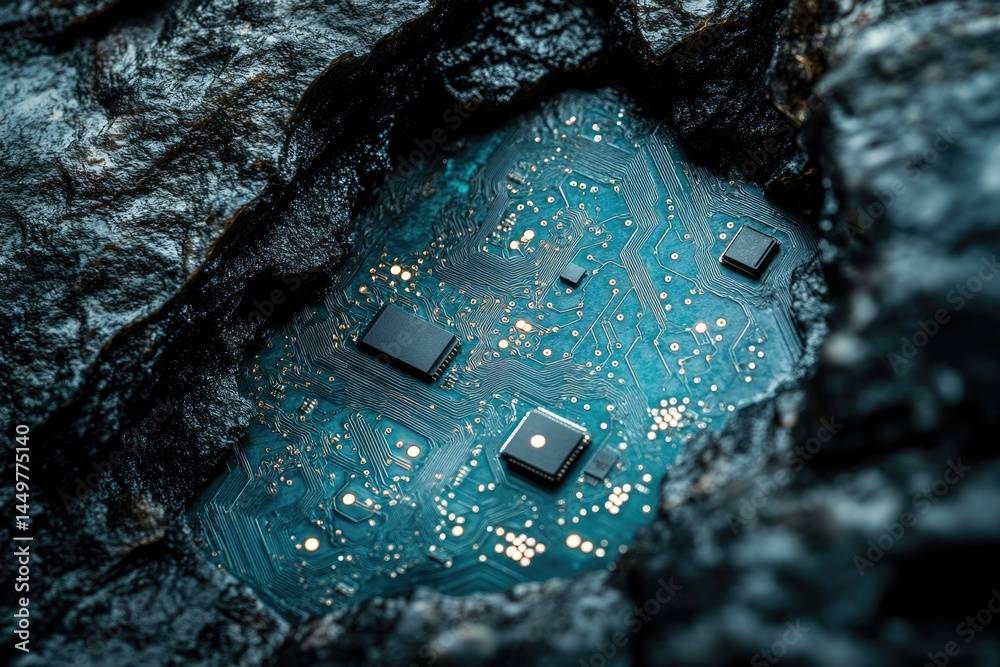 Poster A circuit board embedded in dark rock, symbolizing the hidden technology powering our world.