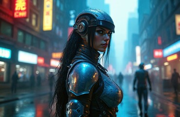 Cyberpunk woman in rain. Female warrior dressed in futuristic armor in night city. Neon lights, blurry background. Digital art, cyberpunk style, cinematic illustration. Urban futuristic concept.