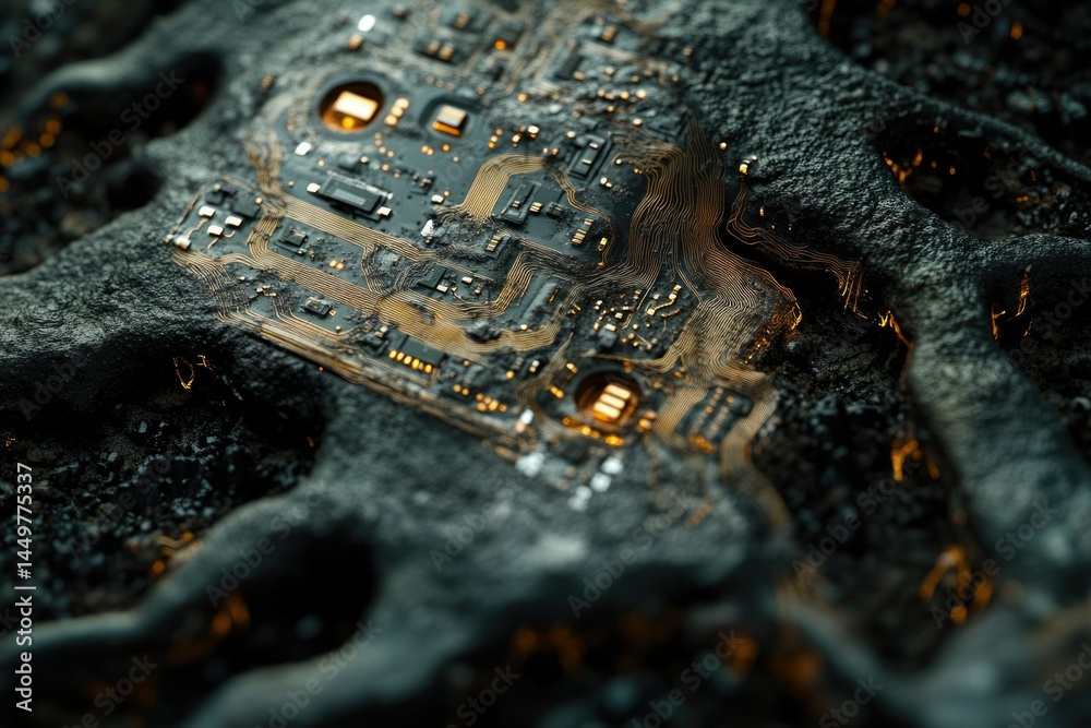 Aufkleber a circuit board embedded in dark, textured material, glowing faintly, suggesting technological decay