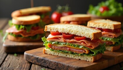 Gourmet sandwiches with premium ingredients. Layered sandwich with tomato, cheese, lettuce. Served on wooden boards. Perfect for cafe menu, fast food promo or food blog.