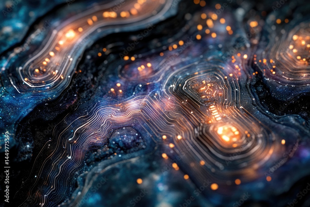 Aufkleber Abstract digital artwork depicting a futuristic circuit board with glowing lines and particles, resembling a cosmic landscape.