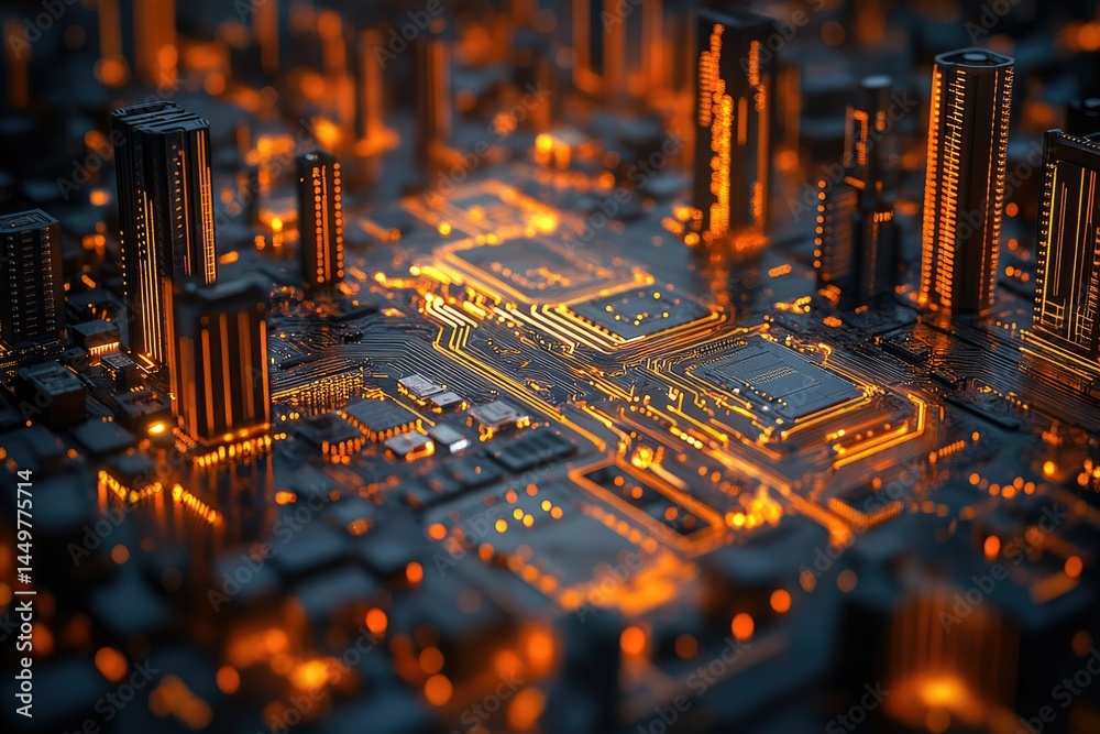 Aufkleber A futuristic cityscape visualized on a circuit board, showcasing technological advancement and urban integration.