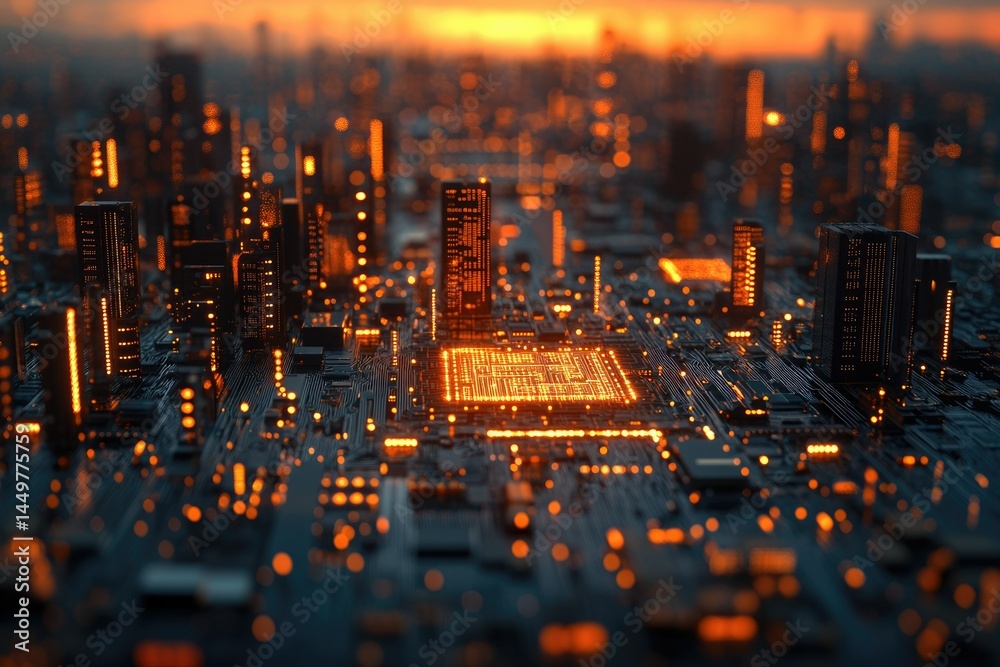 Fototapete A futuristic cityscape built on a circuit board, illuminated by warm orange glow, symbolizing technological advancement and urban integration.