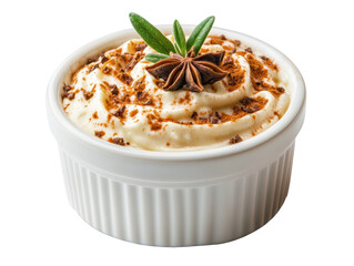 Creamy dessert with spices and herbs in a decorative bowl, cut out