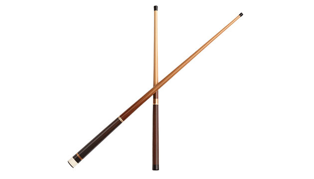 Detailed two Pool Cues on each other, Classic Design isolated on solid white background