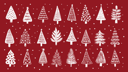 Christmas white tree set on red, hand drawn illustration	