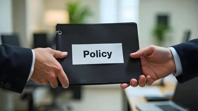 Company policy, two hands exchanging a black folder with the word 'Policy' on it with an office background