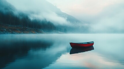 A red rowboat sits alone on a still lake in a misty, mountain landscape.