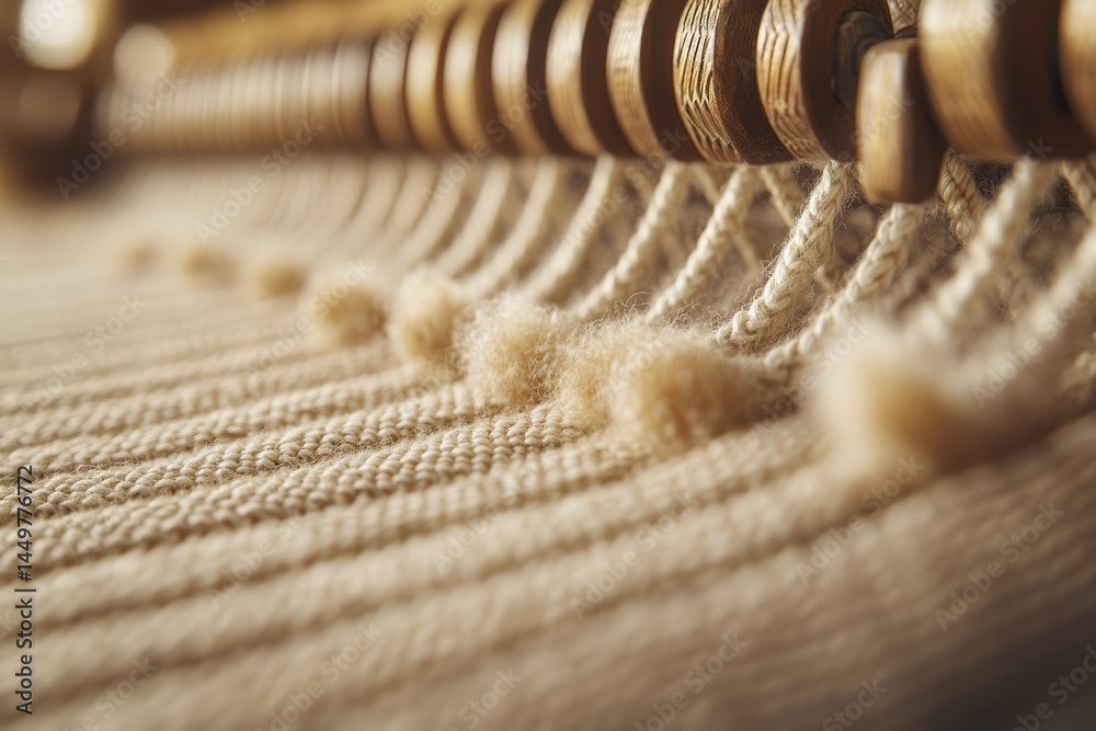 Poster close-up of a beige fabric being woven on a loom, showcasing the texture and process.
