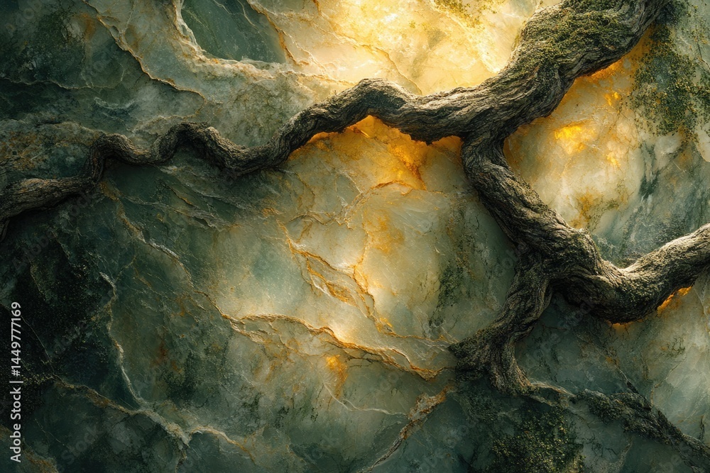Poster ancient gnarled roots intertwine on a luminous, textured stone surface, creating a captivating natur