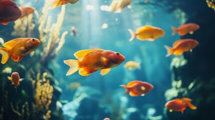Fototapeta premium A school of orange fish swimming in a blue and green coral reef tank.