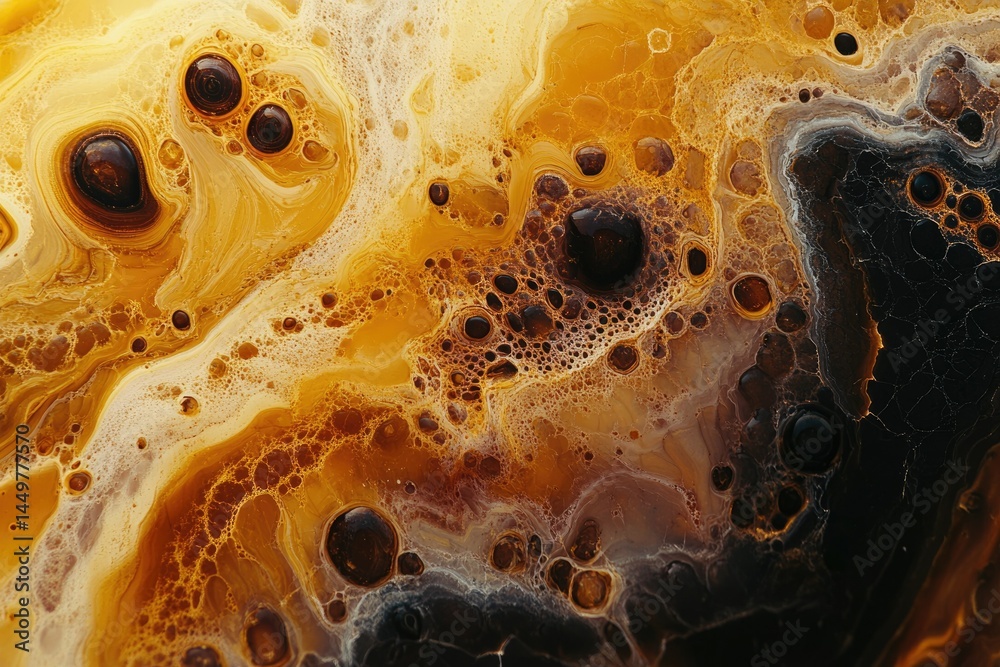 Poster Abstract art showcasing swirling golden and dark hues, creating a mesmerizing texture with bubbles and organic forms.