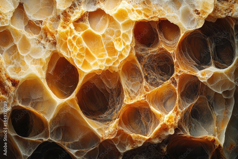 Poster Intricate honeycomb-like structure of a golden-brown mineral, showcasing a fascinating natural pattern.