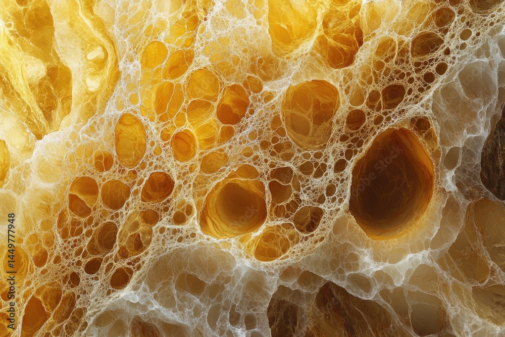 Poster Abstract image depicting a complex network of interconnected, golden, bubble-like structures.