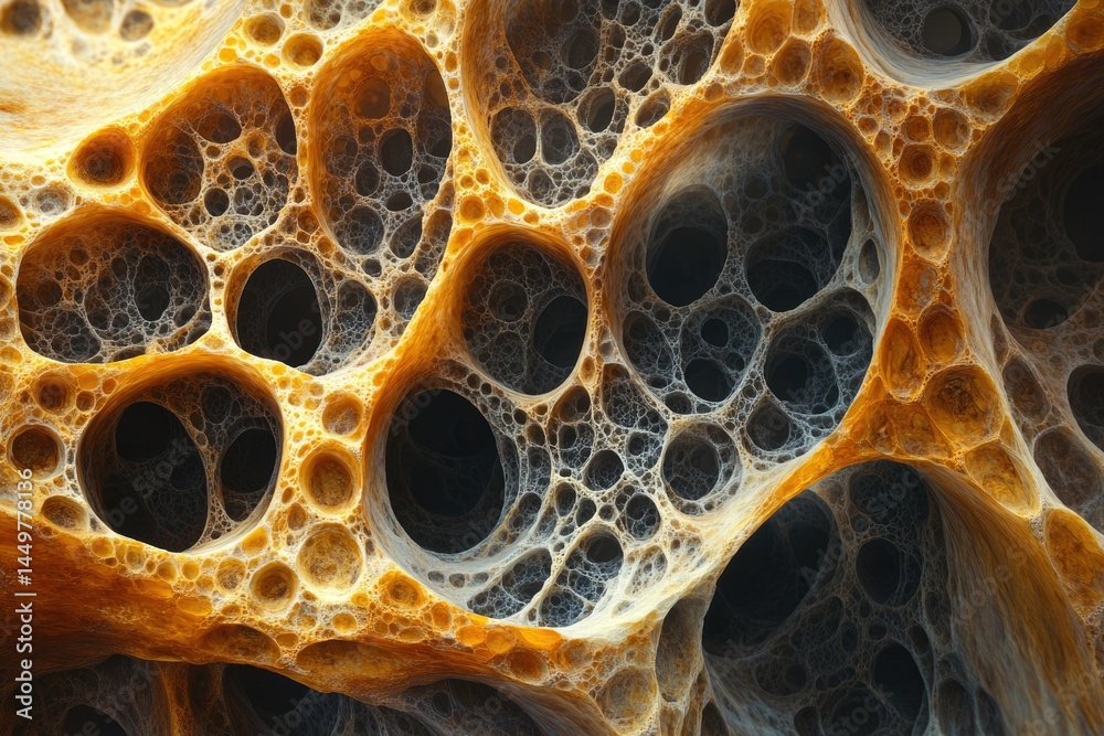Poster intricate, organic-looking structure with interconnected cavities and porous texture resembling hone
