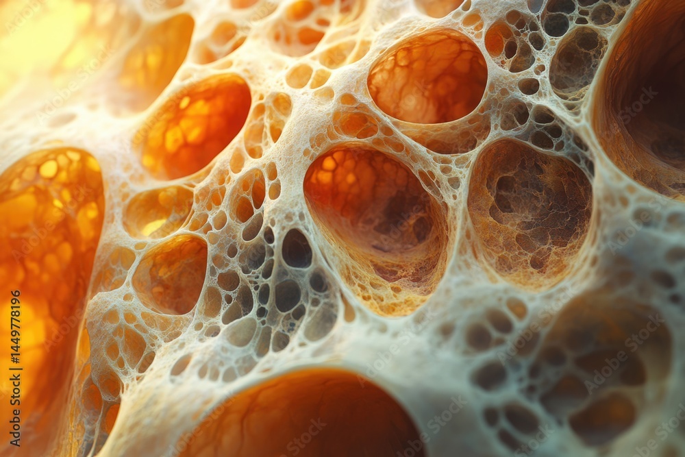Poster intricate network of porous structures, resembling bone or sponge, with warm orange and beige tones.