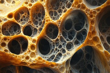 Intricate, organic-looking structure with interconnected cavities and porous texture resembling honeycomb or sponge.