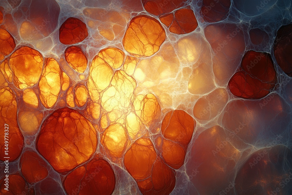 Poster Abstract image depicting a network of interconnected, glowing orange and white cells or bubbles, resembling a microscopic view or cosmic structure.