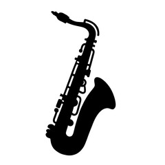 Minimalist black silhouette of a saxophone with flowing curves on white background
