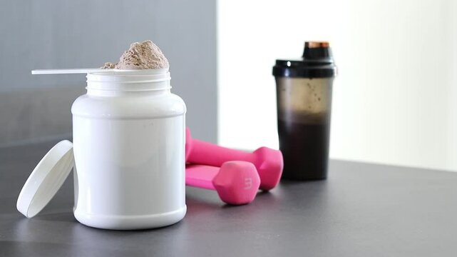Close up of whey protein powder box and pink dumbbells on table, woman preparing a protein shake