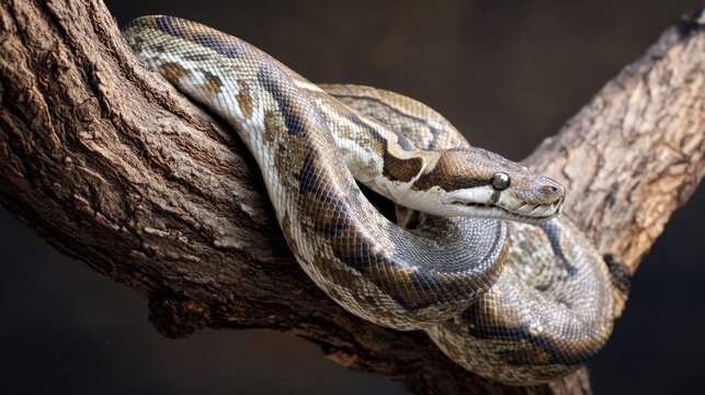Reticulated Python Coiled on Rustic Branch, Close-Up