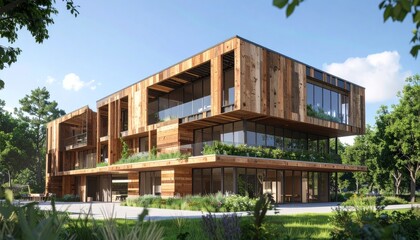 Fototapeta premium Modern Multi Story House with Landscaping and Glass Facades