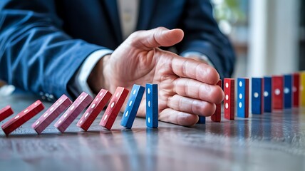 Business Man Stopping Domino Effect With Hand Intervention Strategy Risk Management Control Prevention Crisis Management Wooden Blocks Falling Failure Chain Reaction