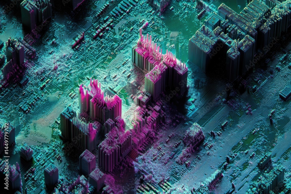 Poster Abstract digital artwork depicting a futuristic city built on a circuit board, showcasing technological advancements and intricate design.