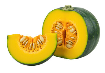 Vibrant Green and Yellow Pumpkin Halved and Sliced, Isolated on White