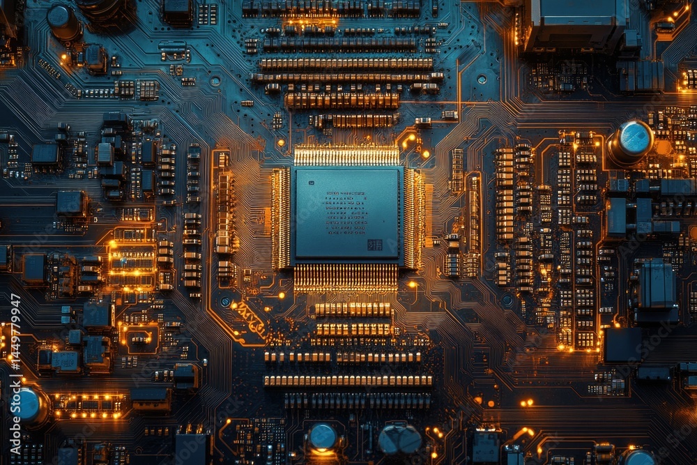Poster Close-up view of a circuit board with glowing components, showcasing intricate electronic design and complex technology.