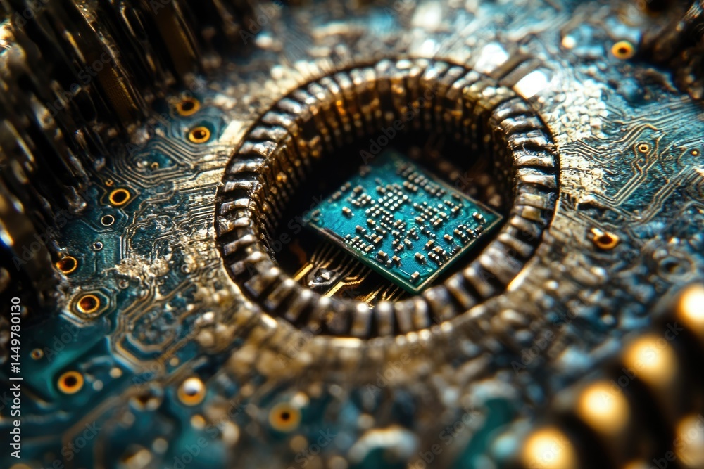 Poster Close-up of a circuit board with a microchip in the center, showing intricate details and aged metallic textures.