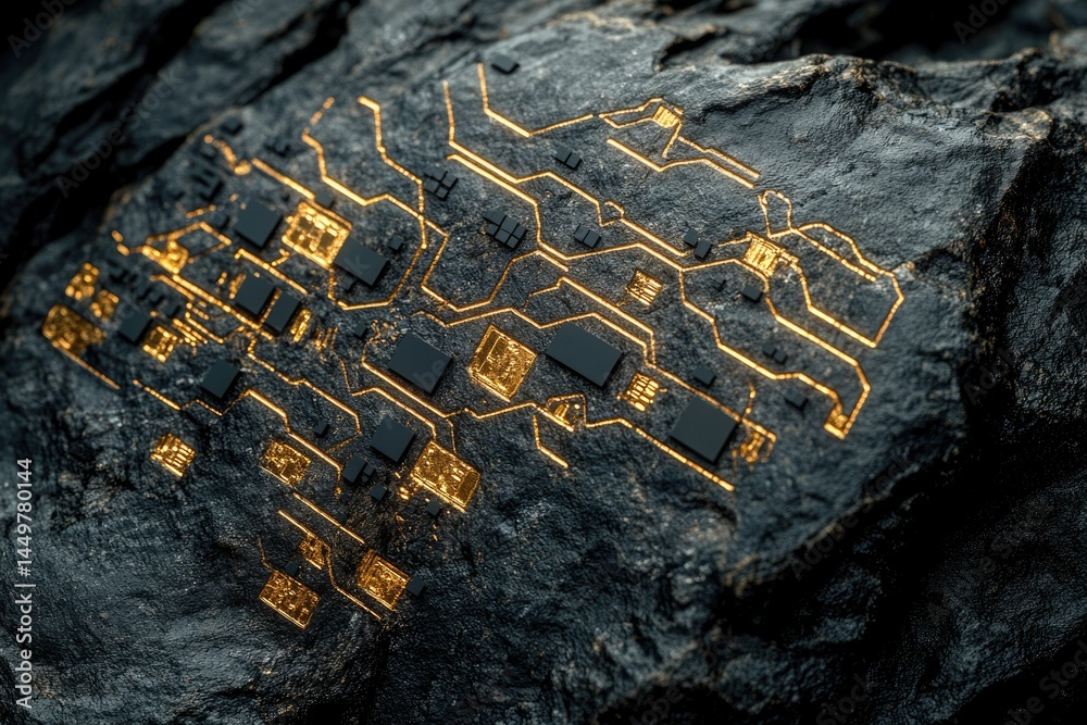 Poster A circuit board embedded in a dark rock, symbolizing technology's connection to nature.