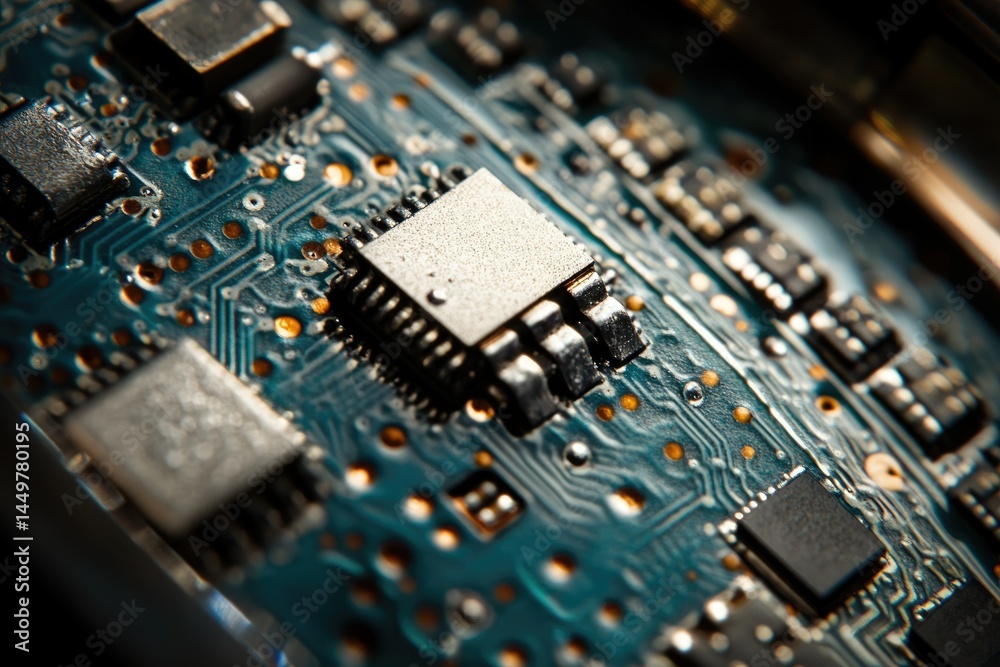 Poster Close-up of a circuit board showcasing intricate microchips and electronic components.