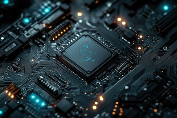 Obraz premium Close-up of a computer motherboard with a central processing unit (CPU) showcasing intricate circuitry and glowing components.