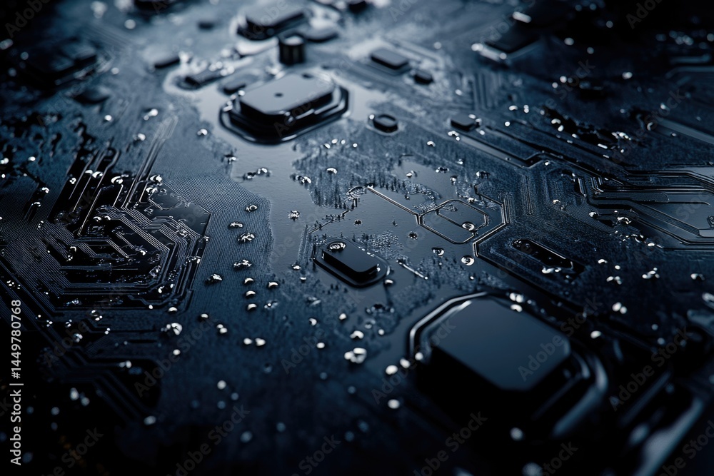 Poster Close-up of a dark, wet circuit board, showcasing intricate electronic components and pathways.