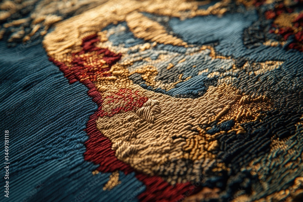 Poster close-up of intricate textile with textured patterns in gold, blue, and red, showcasing detailed emb