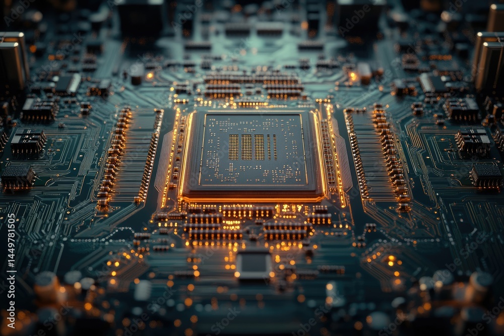 Poster Close-up of a central processing unit (CPU) on a circuit board, showcasing intricate electronic components and glowing circuitry.