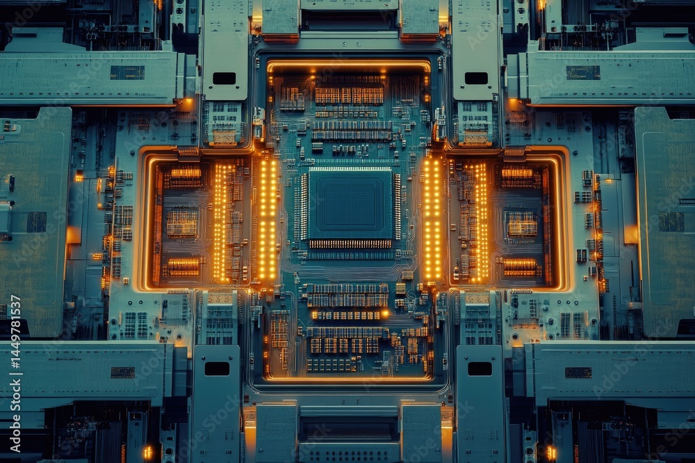 Poster A detailed close-up of a complex technological circuit board with glowing components.