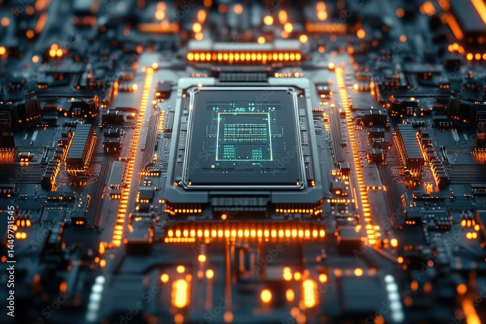 Poster Close-up of a powerful CPU integrated into a sophisticated motherboard, showcasing intricate circuitry and glowing components.