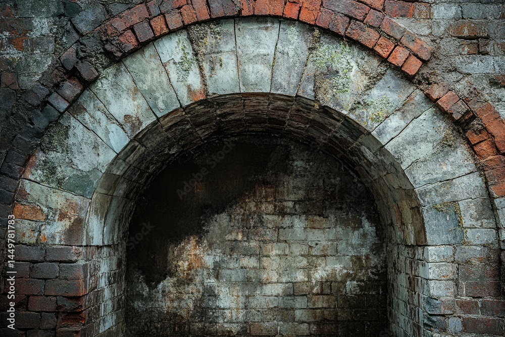 Poster a weathered brick archway, showing age and decay, creates a mysterious and intriguing entrance.