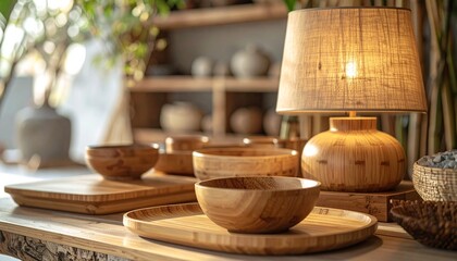 Warm Lit Wooden Bowls And Lamp On Rustic Tabletop