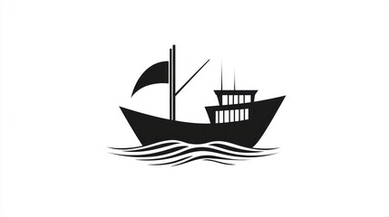 Simple black silhouette of a fishing boat on water. Possible use Stock photo for nautical, fishing, or maritime themes