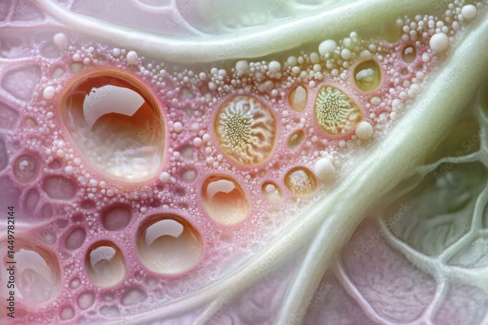 Fototapete close-up of a leaf's surface reveals intricate patterns of water droplets and cellular structures.