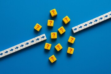 Uncertainty and Choice Conceptual Image Yellow Cubes Question Marks Blue Arrows White Blocks Decision Making Path Options Strategy Planning Future Direction Problem Solving Business Concept Visual    