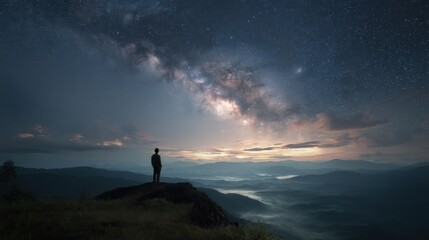 Fototapeta premium Silhouette of a man standing on a mountaintop, gazing at the Milky Way galaxy, a breathtaking view of stars and a misty valley below.