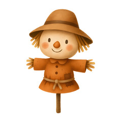 cheerful scarecrow with friendly smile, wearing brown hat and orange outfit, perfect for autumn decor