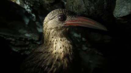 Obraz premium Nocturnal Bird Portrait: Mottled Plumage, Prominent Red Bill, Dark Cave Setting