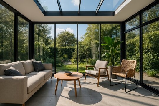 Modern glass sunroom with garden.